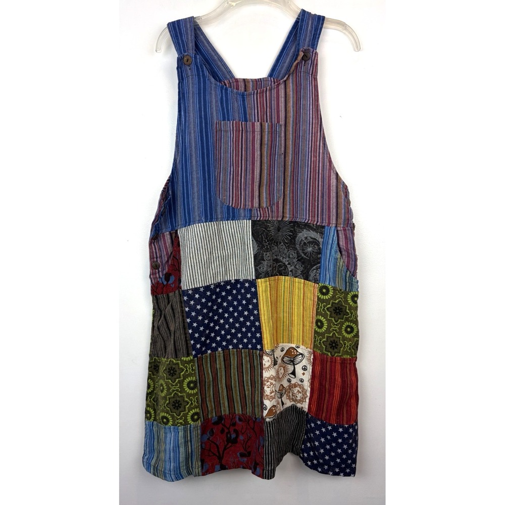 Rising International Dress Small Knee Patchwork Mushroom Stars Boho Artsy Nepal